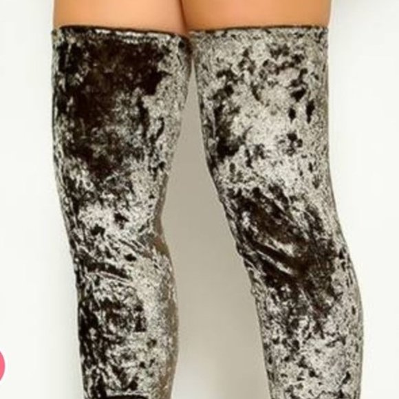 New - Khaki Peep-Toe Velvet Thigh High Boots - Picture 3 of 4